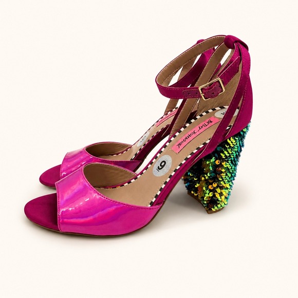 Betsey Johnson Shoes - Betsey Johnson 9 Brandy Pink Patent Sequin Block Heel Sandals Party Glam Sparkle